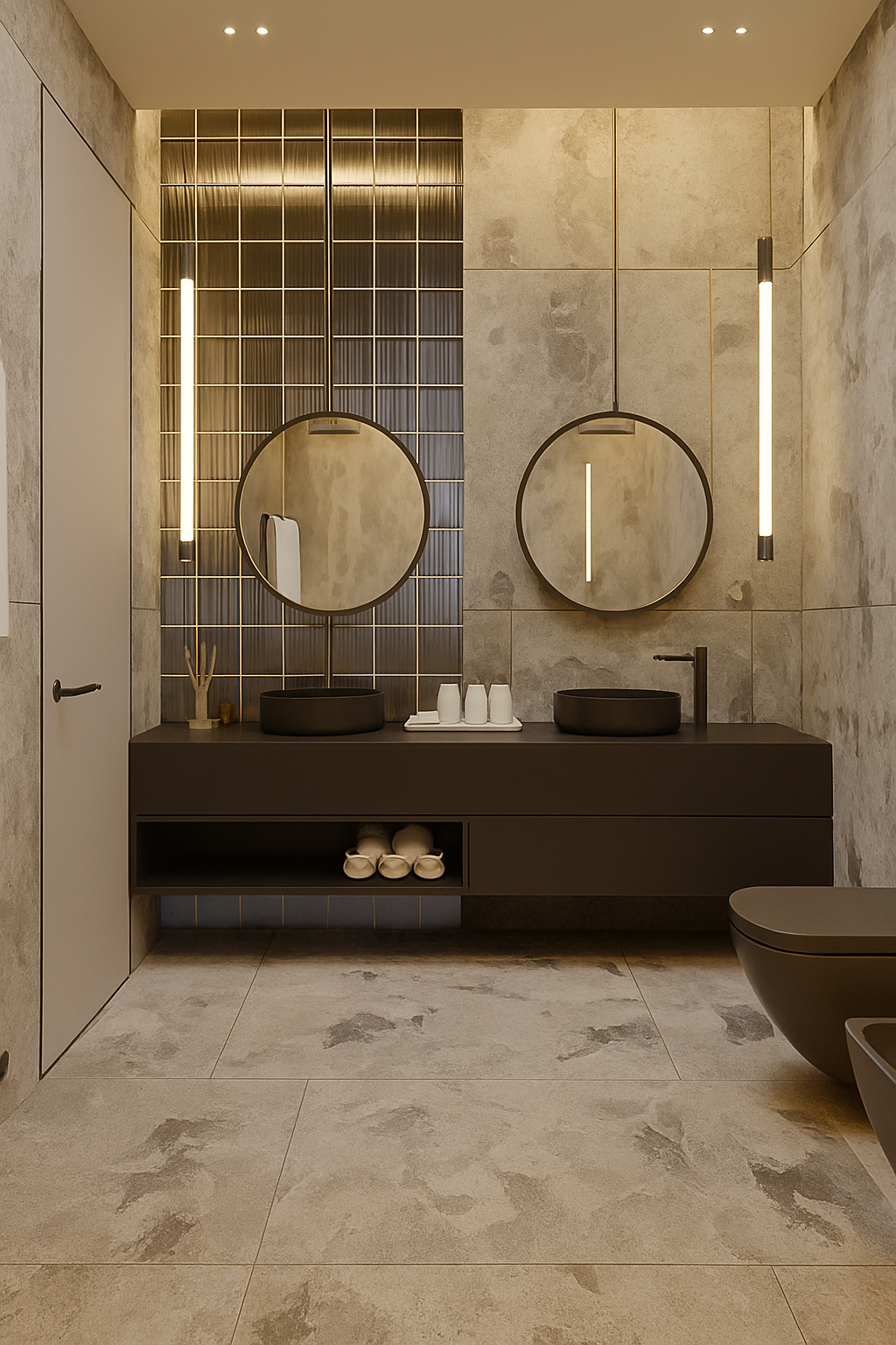 Floating bathroom vanity in matte espresso finish with dual vessel sinks – luxury design Canada