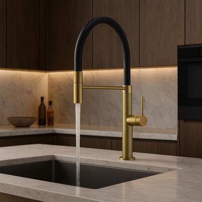 Modern kitchen faucet with water flowing into a sink in a well-lit kitchen.