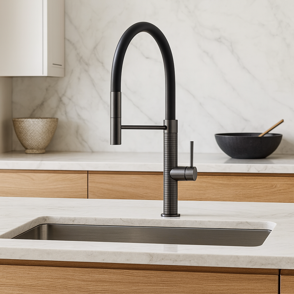 Modern kitchen sink with gray faucet in a well-lit kitchen setting