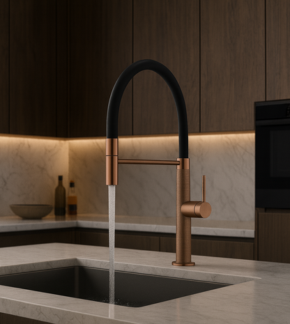 Modern kitchen faucet with water flowing into a sink in a stylish kitchen setting.