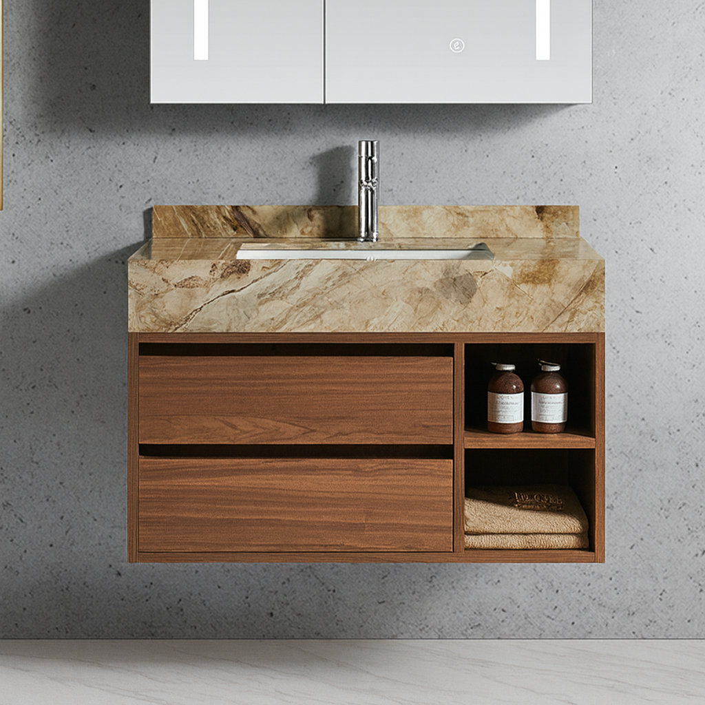 Modern walnut wall-mounted vanity with natural stone countertop and LED mirror