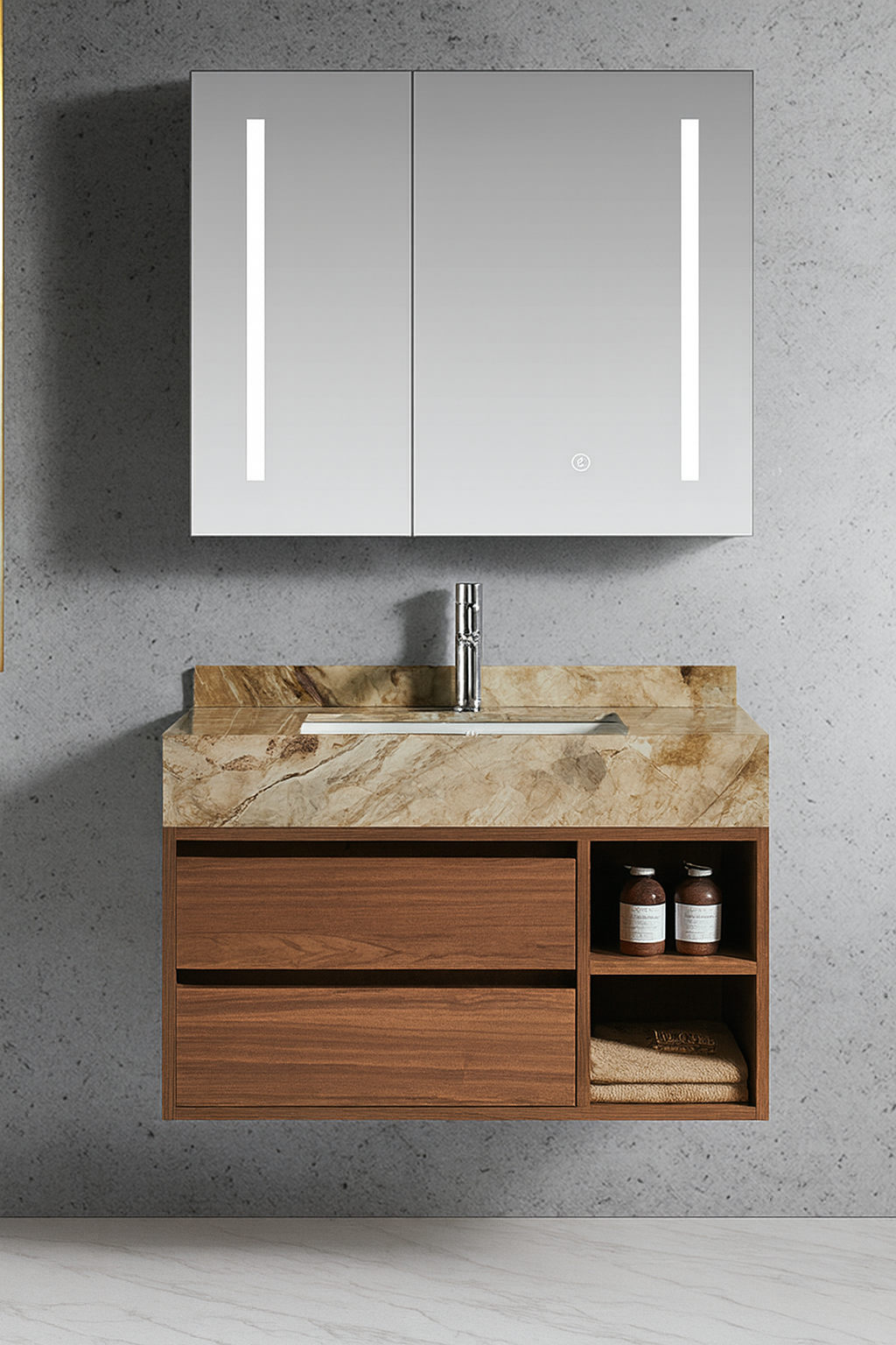 Floating vanity in walnut finish with marble surface and open shelving – luxury bathroom design Canada