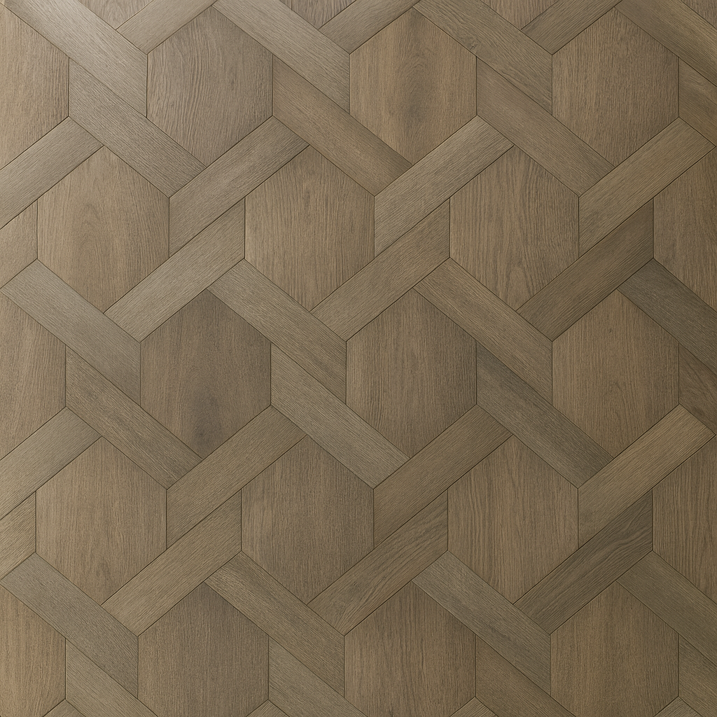 Close-up of Carvaux engineered wood flooring showing geometric hexagon-and-plank pattern, Walnut/Oak finish – SAIBA Homes.