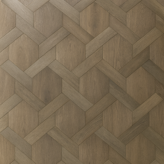 Close-up of Carvaux engineered wood flooring showing geometric hexagon-and-plank pattern, Walnut/Oak finish – SAIBA Homes.