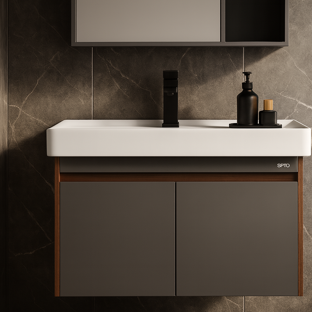 Modern wall-mounted vanity in matte grey with wood accents and mirror cabinet. SAIBA Homes