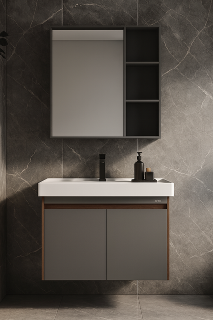 Floating vanity with dual cabinets and open shelf mirror – luxury bathroom design Canada.