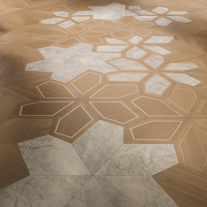 Castone engineered wood flooring with walnut/oak panels and natural marble inlay accents in geometric floral pattern — SAIBA Homes.