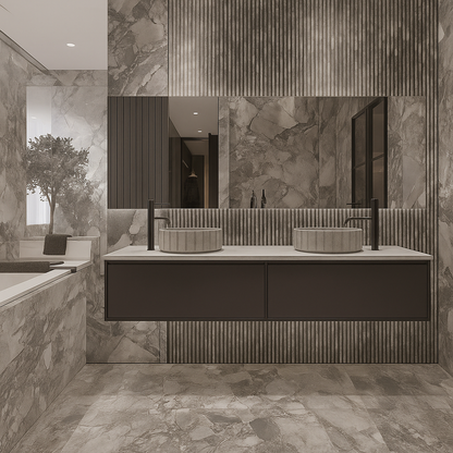 Floating double-basin vanity with matte cabinetry, ribbed vessel sinks, and fluted architectural backsplash – SAIBA Homes.