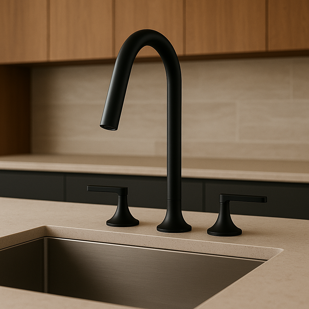 Black kitchen faucet and handles on a beige countertop with wooden cabinets.