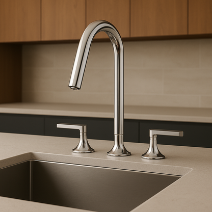 Modern chrome kitchen faucet with two handles on a sink in a kitchen setting.
