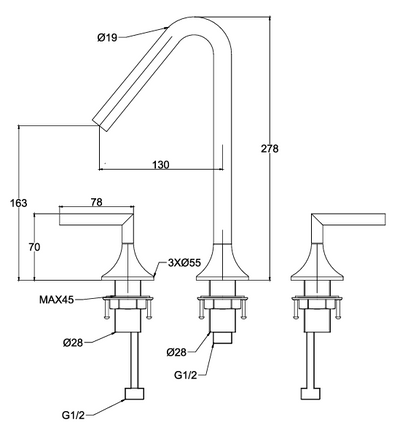Technical drawing of a kitchen faucet with dimensions