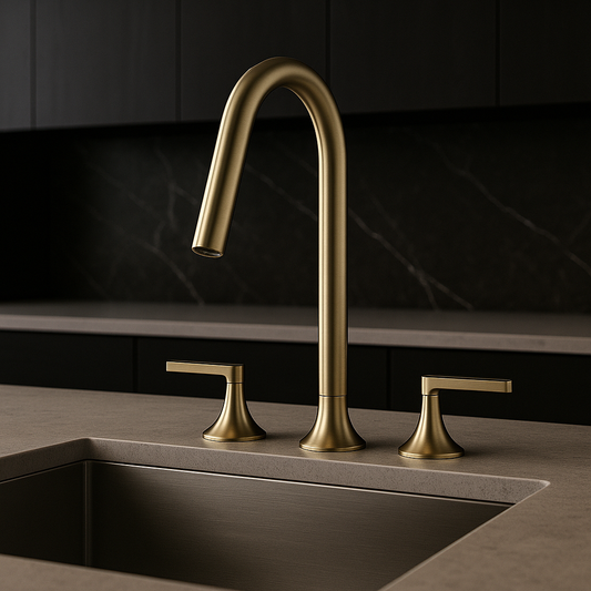 Gold faucet set on a kitchen sink with a dark tiled wall background