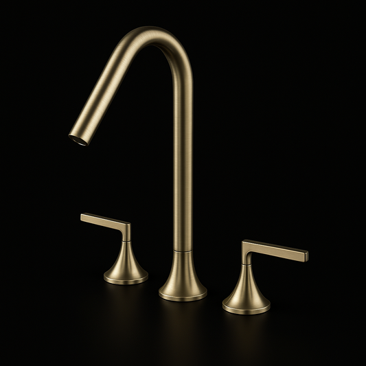 Gold brass kitchen faucet set on a black background