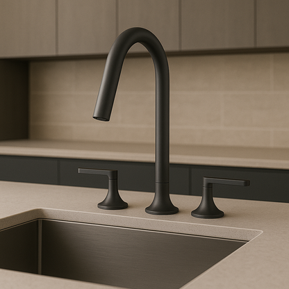Gunmetal grey kitchen faucet and handles on a beige countertop with a neutral wall background