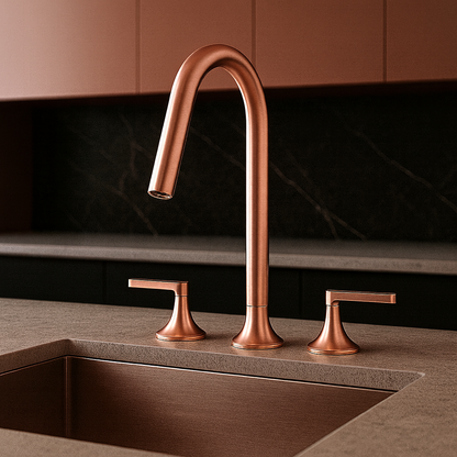 Rose gold kitchen faucet and sink on a neutral background in solid brass finish