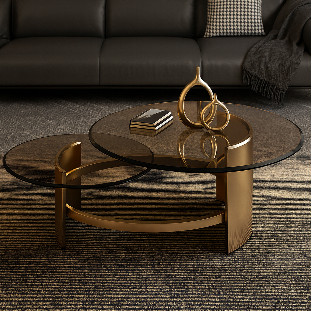 Modern coffee table with glass top and bronze base in a living room setting.