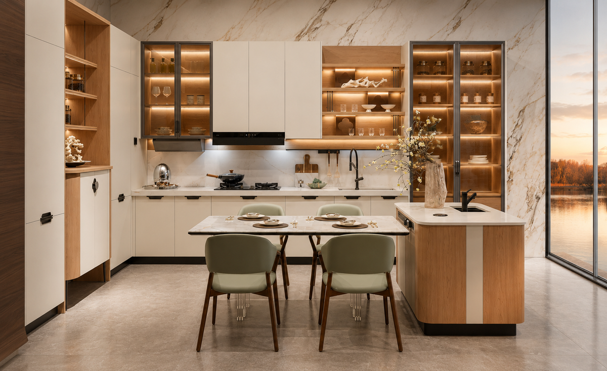 A modern kitchen and dining area featuring white and wood cabinetry, a marble island, four upholstered dining chairs, and a large window overlooking a sunset by the water.