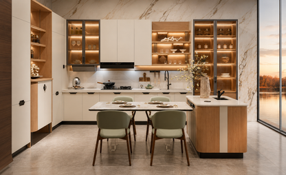 A modern kitchen and dining area featuring white and wood cabinetry, a marble island, four upholstered dining chairs, and a large window overlooking a sunset by the water.