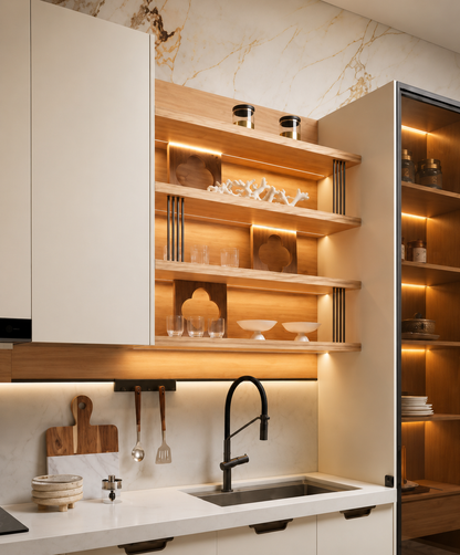 Modern kitchen cabinetry with light wood floating shelves illuminated by warm LED lighting, white countertops, a black gooseneck faucet, and a marble-patterned backsplash.