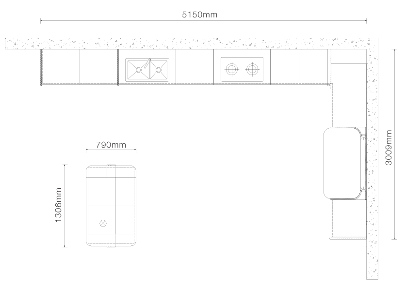 Black and white kitchen cabinetry layout diagram showing top-down measurements of 5150mm length, 3009mm height, and a 790mm by 1300mm refrigerator dimension.