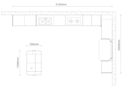 Black and white kitchen cabinetry layout diagram showing top-down measurements of 5150mm length, 3009mm height, and a 790mm by 1300mm refrigerator dimension.