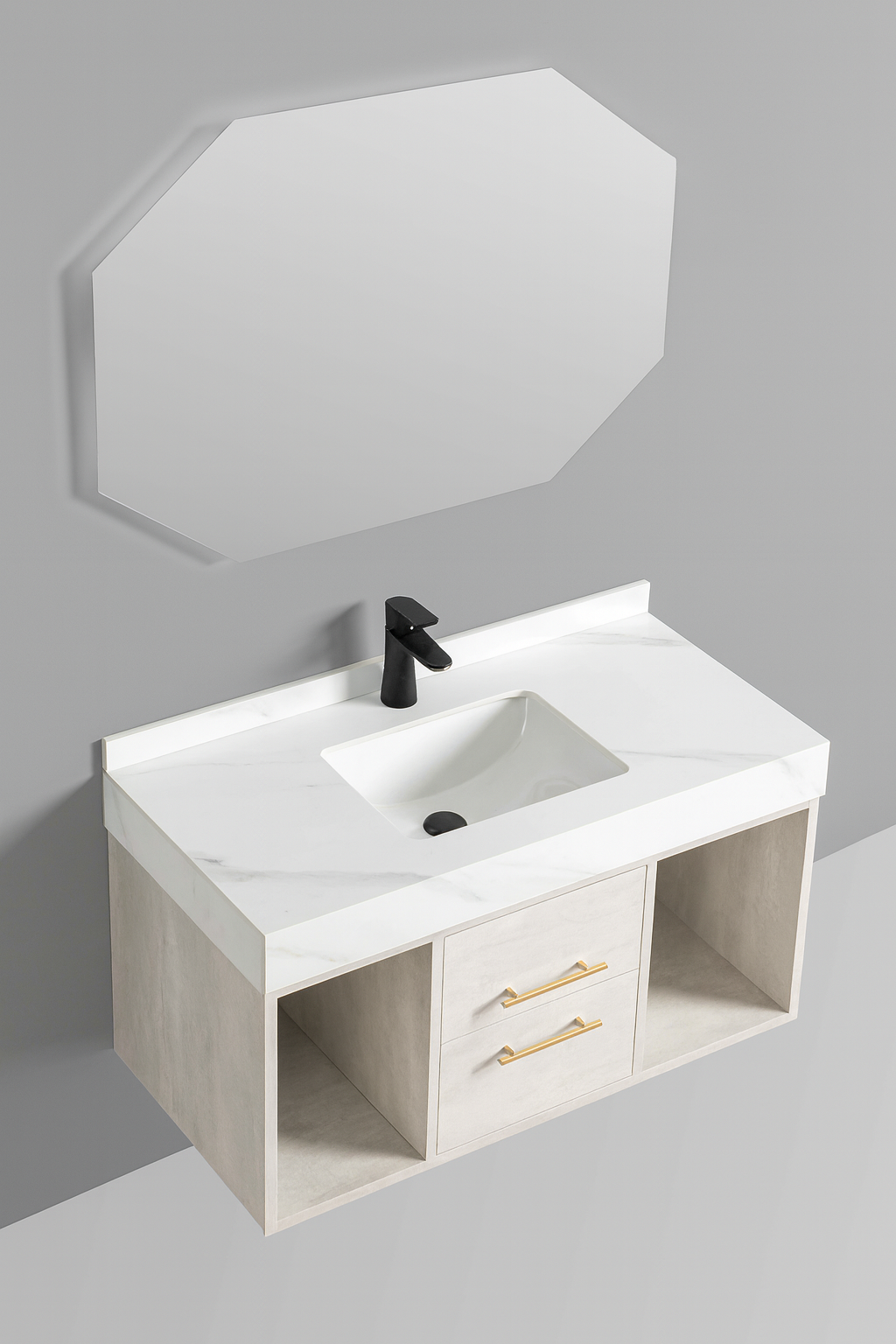 Open shelving compartments on each side of vanity. SAIBA Homes