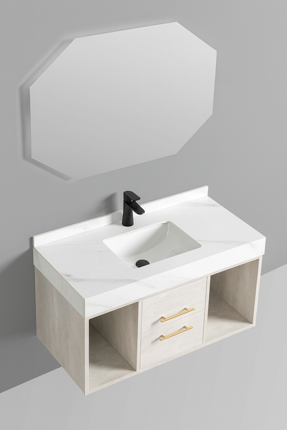 Open shelving compartments on each side of vanity. SAIBA Homes