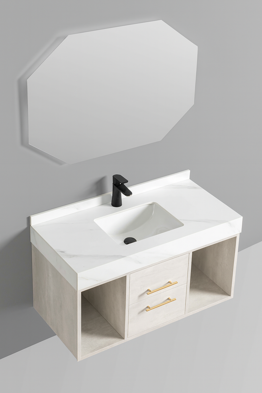 Open shelving compartments on each side of vanity. SAIBA Homes