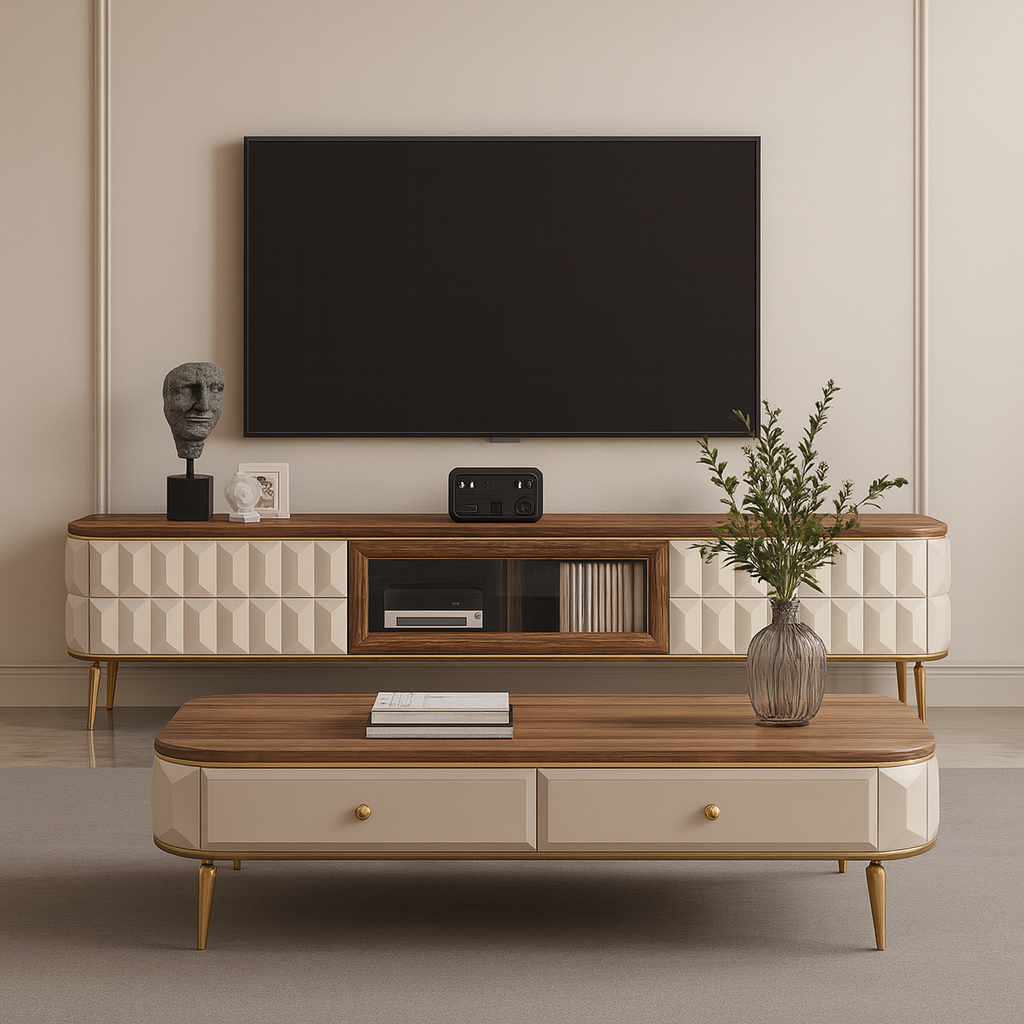 Modern living room with a wooden TV stand and wall-mounted television.