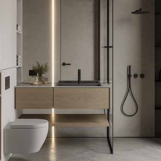 Floating woodgrain vanity with integrated basin, matte black faucet, framed open shelf, and ambient vertical lighting in a modern minimalist bathroom – SAIBA Homes.