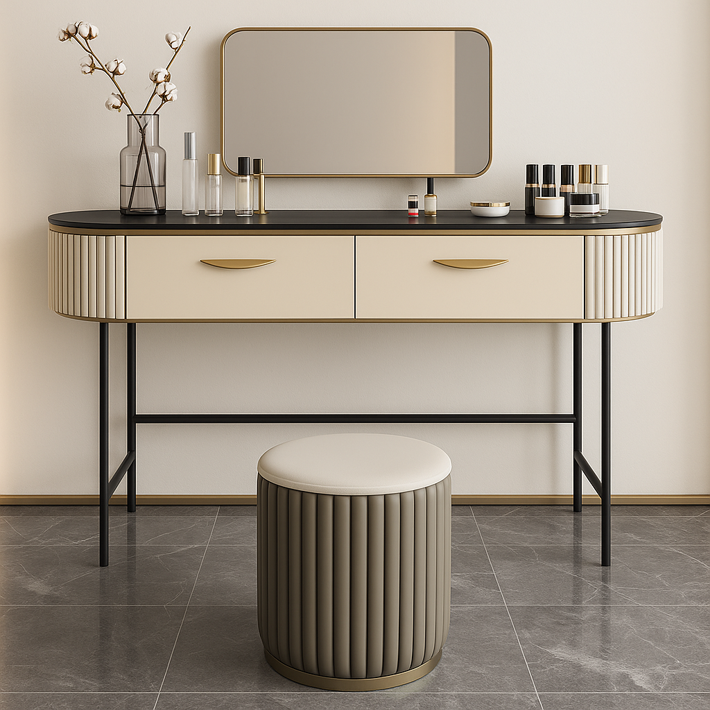 Dressing table with mirror and stool in a room setting