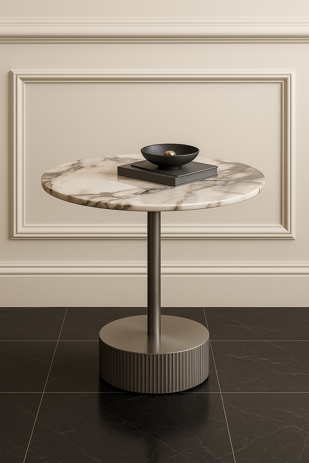 Marble-top side table with a black bowl on a beige wall background