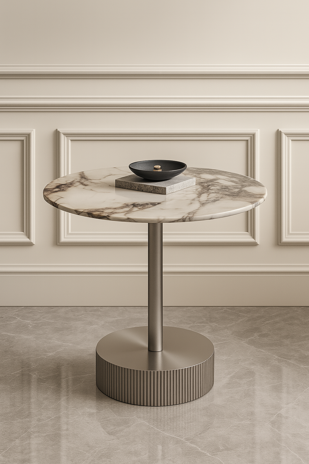 Marble-top side table with metallic base against a neutral wall.