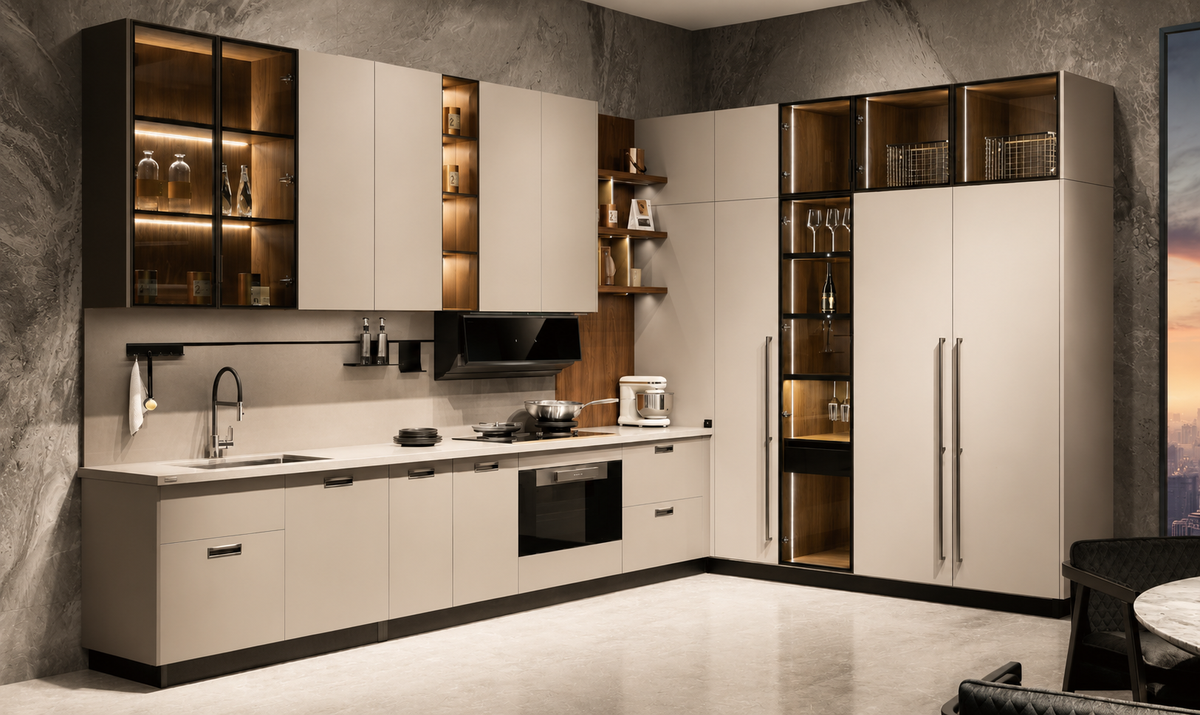 A modern kitchen cabinet set with light beige doors, black trim, and warm wood-toned glass-front cabinets, shown installed in a staged kitchen interior with stone walls and a light floor.