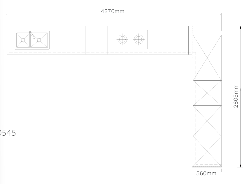 A black and white kitchen cabinet layout schematic showing a top-down perspective with dimensions labeled: 4270mm width, 2805mm height, and 560mm depth.
