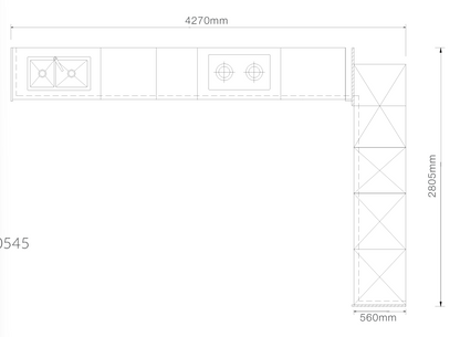 A black and white kitchen cabinet layout schematic showing a top-down perspective with dimensions labeled: 4270mm width, 2805mm height, and 560mm depth.
