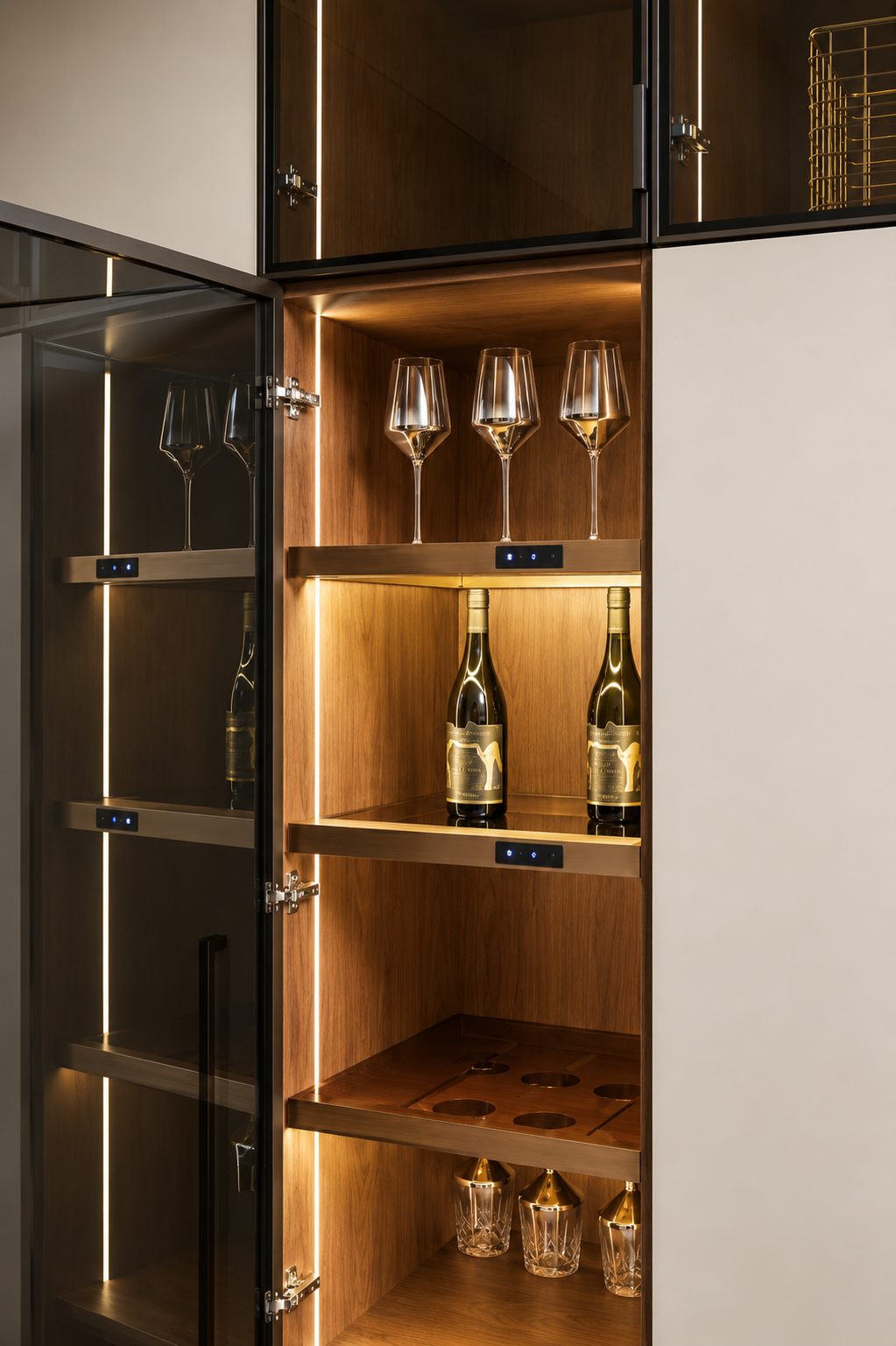 A modern wine cabinet with warm LED lighting, featuring wooden shelves holding wine bottles, wine glasses, and a cork rack, set against a dark wood and off-white panel background.