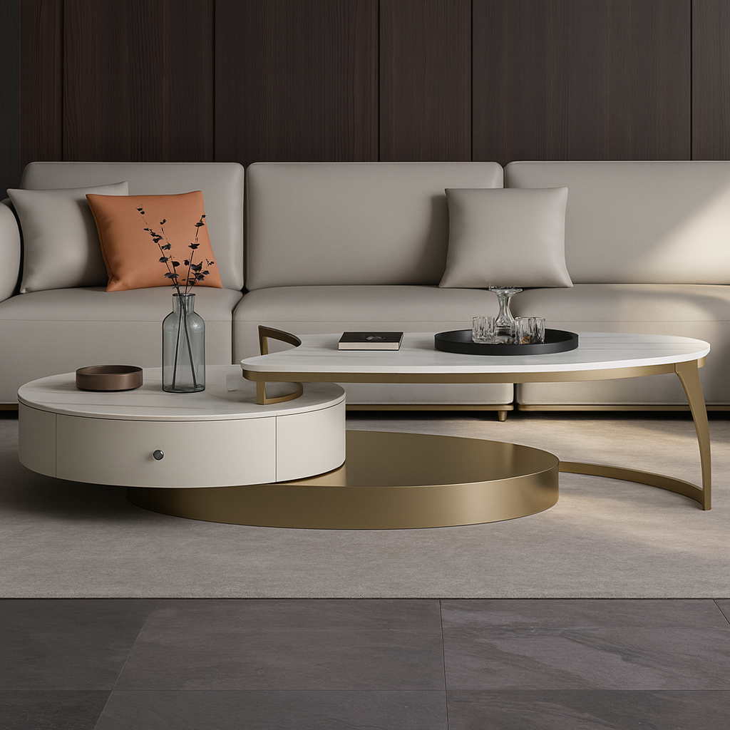 Modern living room with a gray sofa, tiered coffee table, and decorative items.