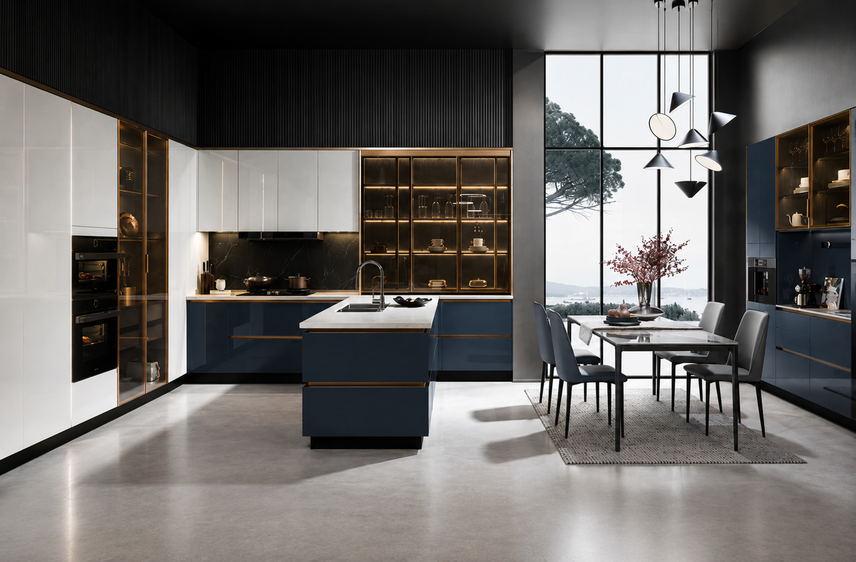 A modern kitchen and dining room interior with dark blue and white cabinetry, open wood shelving with warm lighting, a central kitchen island, and a dining table with chairs near large windows.