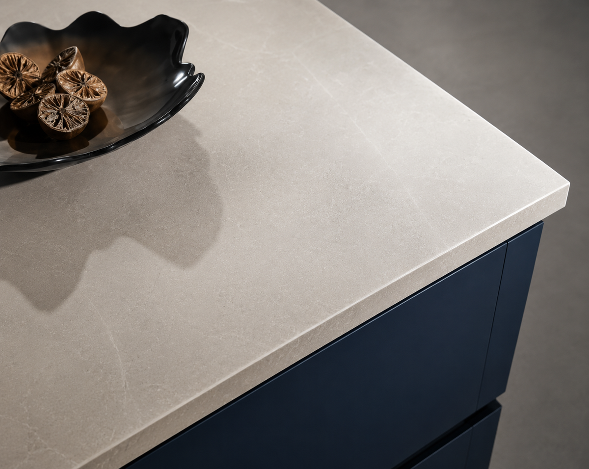A close-up of a light beige stone countertop with a dark navy blue cabinet base, featuring a black decorative bowl on top.