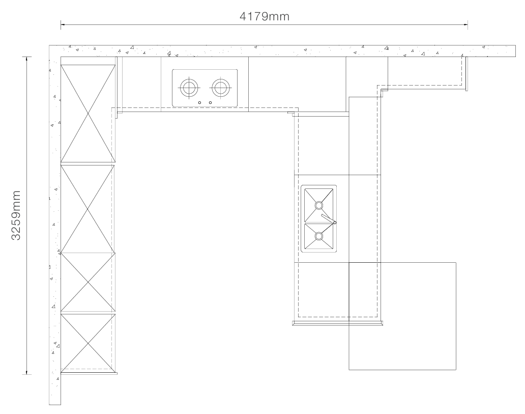 A black-and-white kitchen layout measurement diagram showing an L-shaped cabinet plan with dimension labels 4179mm across the top and 3259mm along the left side.