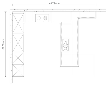 A black-and-white kitchen layout measurement diagram showing an L-shaped cabinet plan with dimension labels 4179mm across the top and 3259mm along the left side.