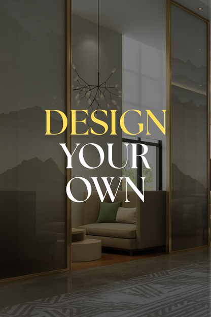 Modern interior design with furniture and text 'Design Your Own' on a dark background
