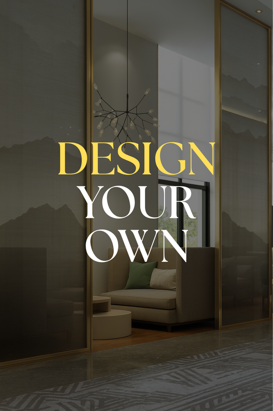 Modern interior design with furniture and text 'Design Your Own' on a dark background