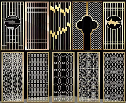 Collection of decorative metal panels with geometric patterns on a black background