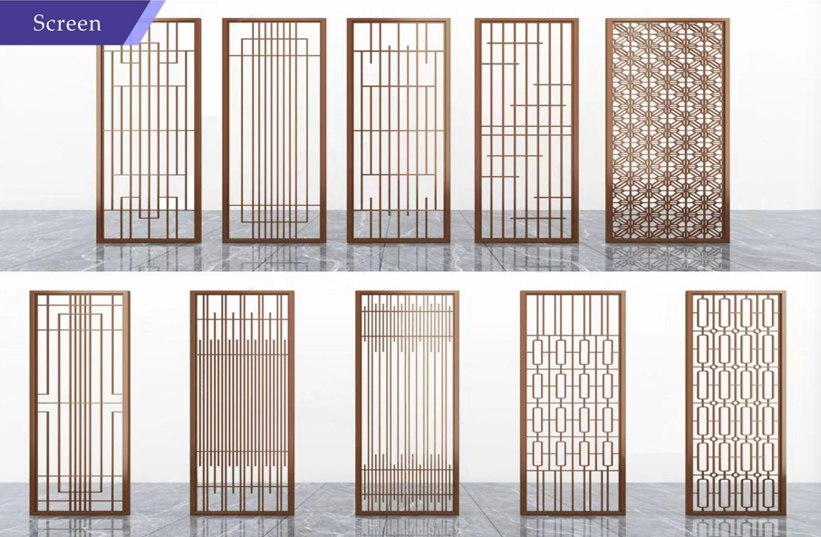 Set of decorative screen panels with various patterns on a gray background
