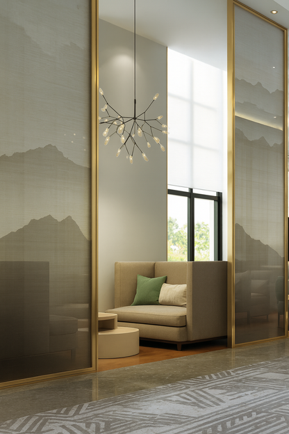Modern interior with glass walls, beige sofa, and decorative chandelier.