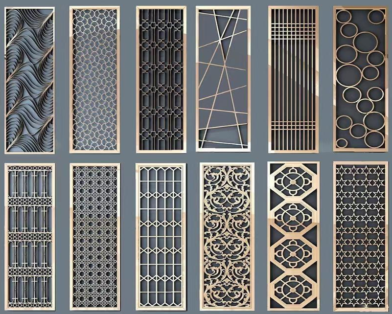 Collection of decorative metal panels with various geometric patterns on a gray background