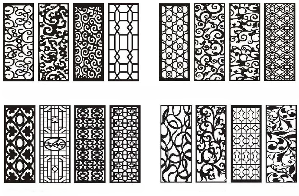 Collection of decorative metal screens with various patterns on a white background