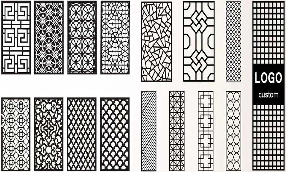 Collection of various black geometric patterns on a white background with 'LOGO custom' text.